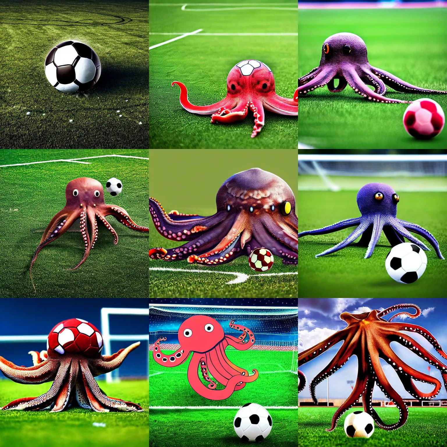 Prompt: a friendly large octopus playing soccer, on a soccer field, realistic photo, award winning photo