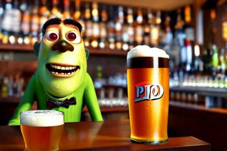 Image similar to a anthropomorphic pint of beer, pixar, who is a customer, waits to be served by a bartender,