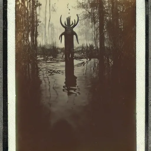 Image similar to creepy lovecraftian monster in swamp, 1910 Polaroid photo
