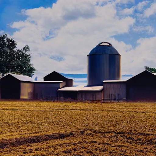 Image similar to exterior view of modern futuristic farm barn architecture, silo, feed troughs, cows, pigs, chickens, detailed luminescent oil painting 4 k