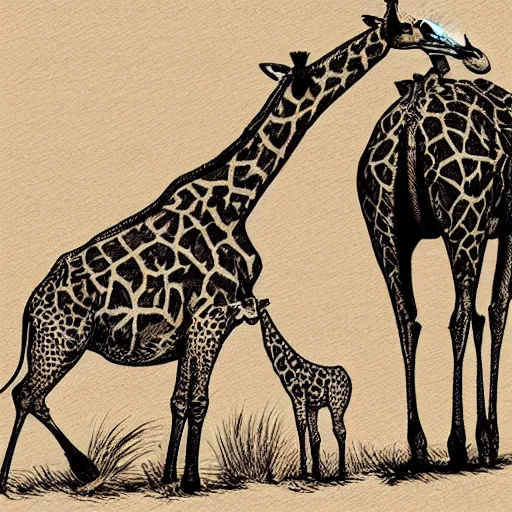 Image similar to giraffe pig hybrids riding bicycles, sepia toned illustration