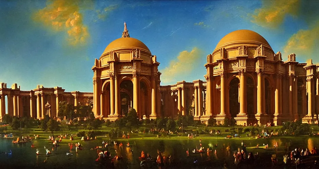 Image similar to the san francisco palace of fine arts during the intergalactic futuristic fair, romantic era painting, majestic