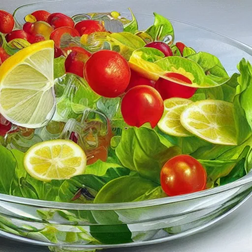 Prompt: close up of large clear salad bowl on kitchen bench. Its full of water with many slices of lemon floating in it. 4K award winning photorealistic concept art. smooth, sharp focus, illustration, art by artgerm and moebius and alphonse mucha 3/4 view.