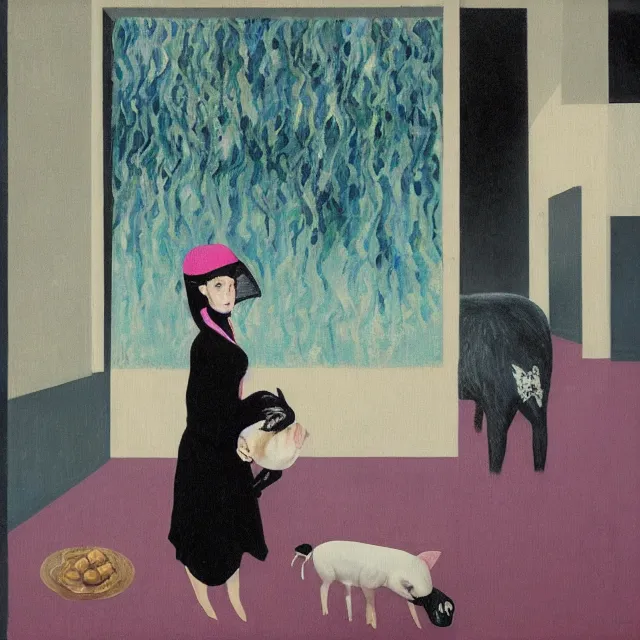 Image similar to tall female emo artist holding a pig in a flooded cafe, octopus, water gushing from ceiling, painting of flood waters inside a cafe, a river flooding indoors, pomegranates, pigs, ikebana, water, octopus, river, rapids, waterfall, black swans, canoe, berries, acrylic on canvas, surrealist, by magritte and monet