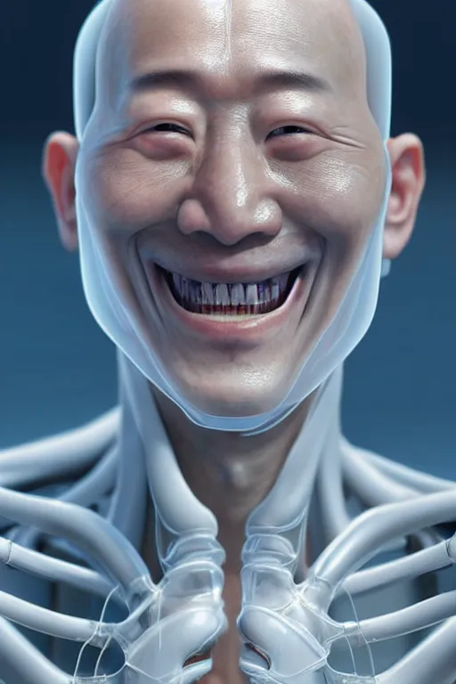 Image similar to hyperrealistic close-up translucent exoskeleton!! smiling chinese man covered highly detailed concept art eric zener elson peter cinematic side soft light high angle hd 8k sharp shallow depth of field