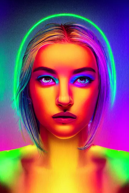 Image similar to a award winning half body portrait of a beautiful woman with stunning eyes in a croptop and cargo pants with rainbow colored ombre hairstyle head in motion and hair flying by thomas danthony, outlined by whirling illuminated neon lines, outrun, vaporware, shaded flat illustration, digital art, trending on artstation, highly detailed, fine detail, intricate