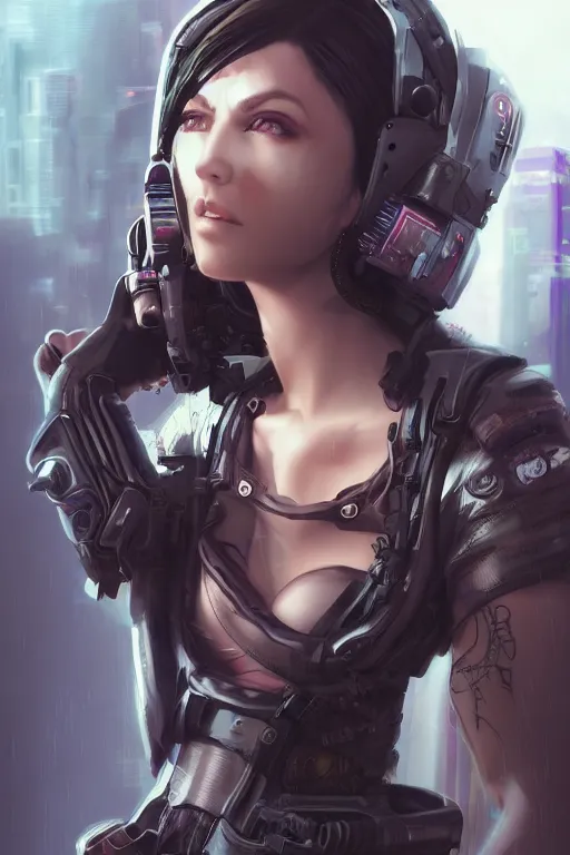 Image similar to cyberpunk, female character, beautiful head, nice legs, concept art, artstation, intricate details, dramatic lighting