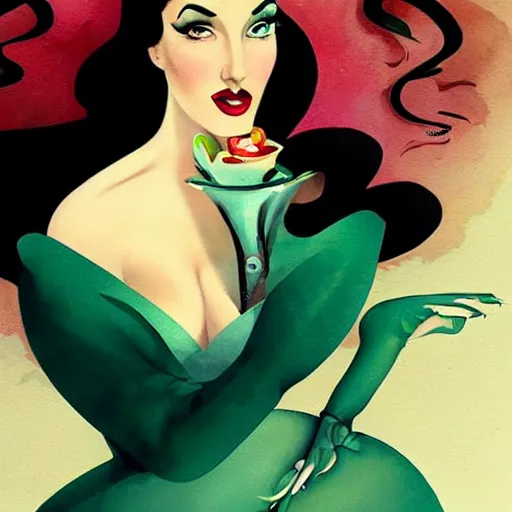 Image similar to a pinup illustration of dita von teese in the style of anna dittmann and in the style of alex maleev.