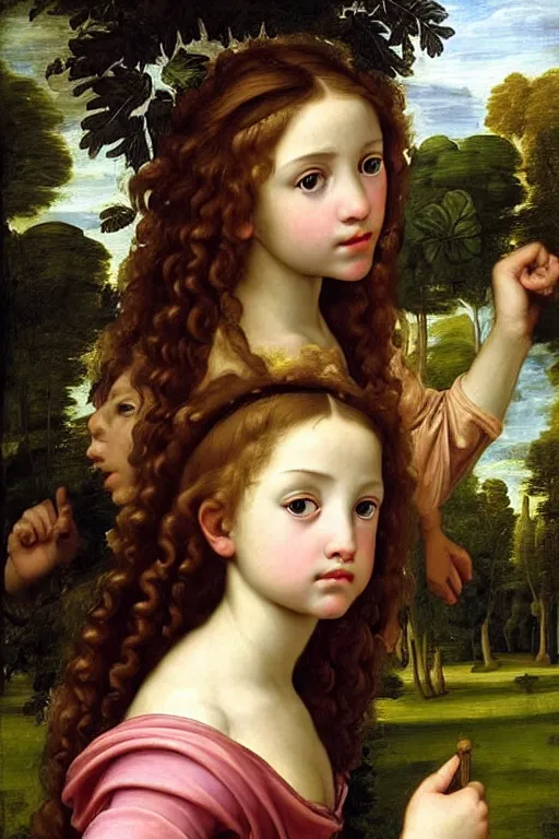 Image similar to renaissance painting of young girl in the garden, closeup, curly long hair, face closeup, emotions closeup, dressed in roman armour, the beautiful garden with maple leaves everywhere, ultra detailed, art by guido reni style, vincenzo catena style