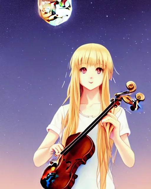 Image similar to teen, cute, full body, a female with white skin and golden long wavy hair holding a violin and playing a song, heavenly, stunning art style, filters applied, lunar time, night sky, trending art, sharp focus, centered, landscape shot, fate zero, simple background, studio ghibly makoto shinkai yuji yamaguchi, by wlop