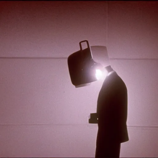 Prompt: movie scene of a man with a robot head, acting, movie still, cinematic lighting, Movie by David Lynch