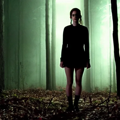 Image similar to emma watson, found footage, blair witch, woods, front light, night