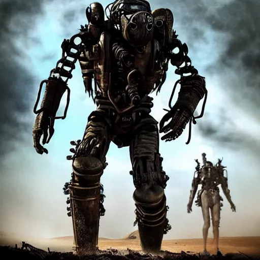 Prompt: ant humanoid mechanic, post-apocalyptic, mad max style, top cinematic lighting , cinematic mood, very detailed,