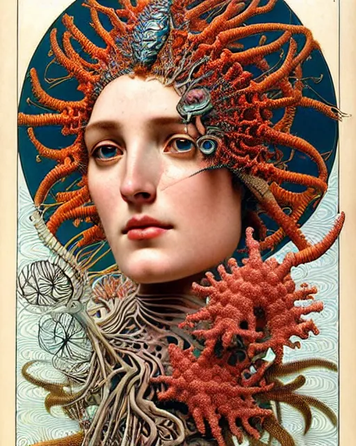 Image similar to hyperrealistic detailed face side portrait of the beautiful goddess of the fish skeletons with an intricate headgear of corals, sea kelp, sea plants, fish, starfish, jellyfish, art by ernst haeckel, john william godward, android jones, alphonso mucha, h. r. giger, gothic - cyberpunk, ornamental, beautiful deep colours,