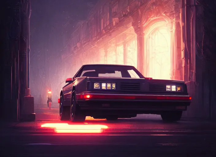 Image similar to detailed intricate digital illustration by greg rutkowski and artgerm and wlop and sanford robinson gifford ; 1 9 8 8 vehicle, glowing headlights ; 1 3 mm film, wide angle arri alfa anamorphic lens ; sharp focus, soft evening lighting, trending on artstation 4 k