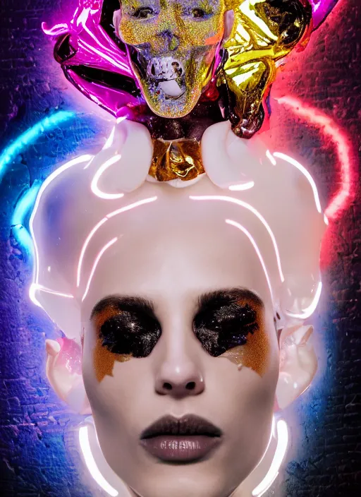 Image similar to photo of baroque and bladerunner delicate neon diamond sculpture of ceramic albino king adrien sahores seductive delicious tongue out, creamy orange iridescent humanoid deity wearing white fluffy hoody holding diamond skull in a black metallic dungeon, reclining, glowing rainbow face, crown of white diamonds, cinematic lighting, photorealistic, octane render 8 k depth of field 3 d