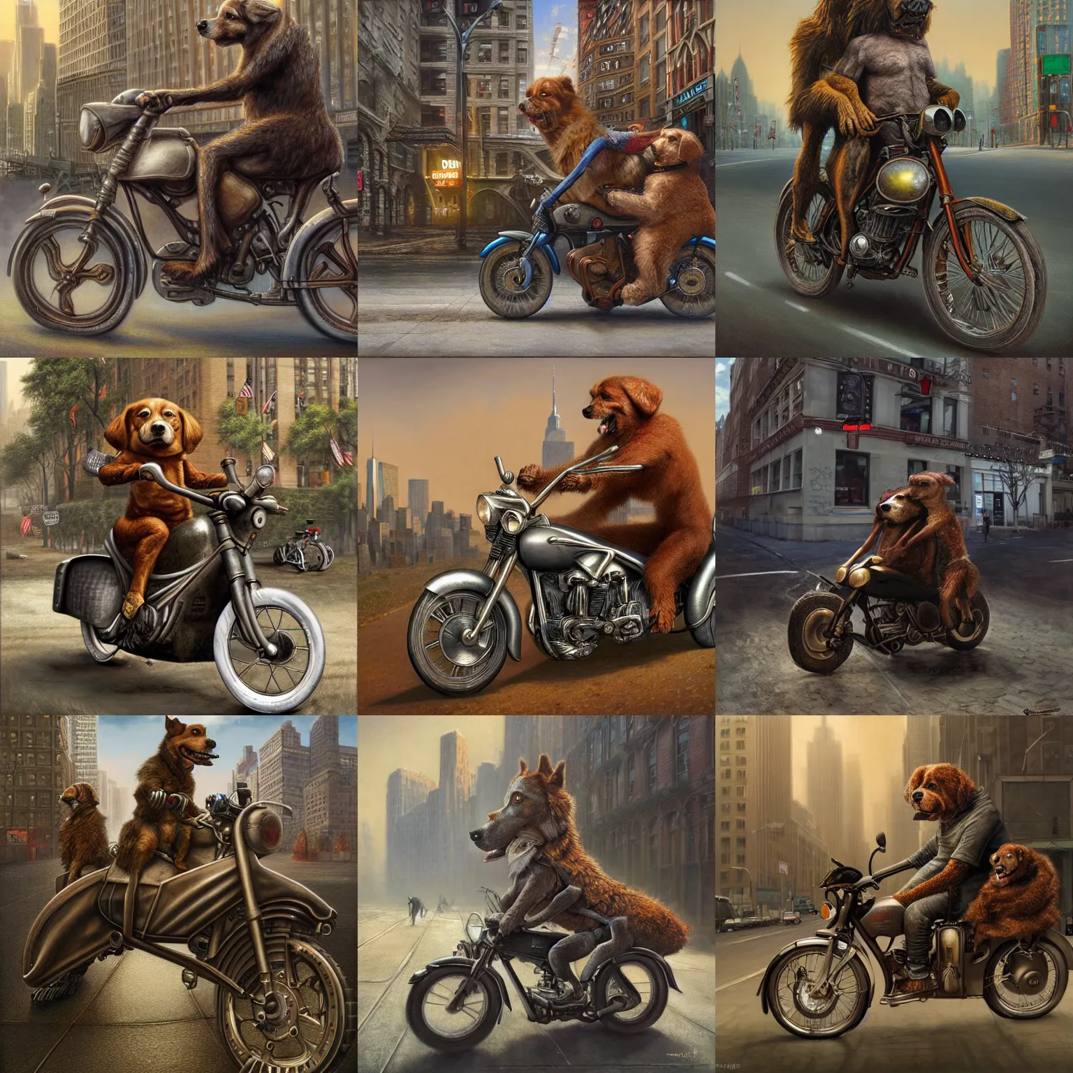 Prompt: a photo of anthropomorph dog man riding a motorbike in New York ultra detailed, 8k, by Tomasz Alen Kopera and Tony Sart