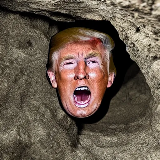 Prompt: photo inside a cavern of a wet reptilian humanoid trump partially hidden behind a rock, with black eyes, open mouth and big teeth