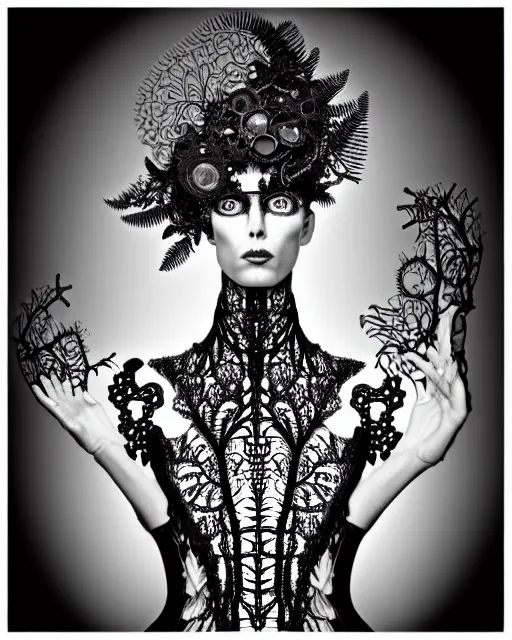 Image similar to surreal black and white photo portrait of complex bio-mechanical beautiful young female vegetal-cyborg with a Mandelbrot fractal steampunk metal fine lace face, a very long neck and a fine metal floral foliage super big lace collar by Alexander McQueen:: smoke, high fashion, haute couture, rococo, steampunk, silver filigree details, anatomical, facial muscles, cable wires, microchip, elegant, dreamy, foggy atmosphere, hyper realistic, 150 mm lens, soft rim light, octane render, unreal engine, picture was taken in 1910 by Man Ray, volumetric lighting, dramatic light,8k,