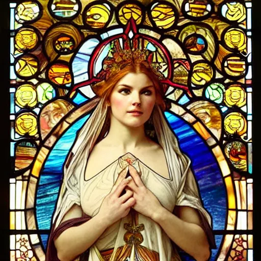 Prompt: elisha cuthbert as a goddess, very intricate stained glass by alphonse mucha and taras shevchenko and aasimar and gaston bussiere