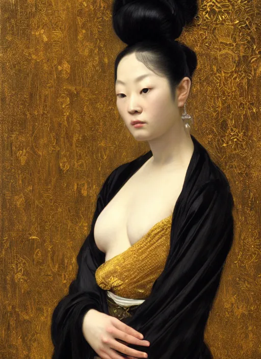 Image similar to highly detailed oil painting | very intricate | cinematic lighting | black, white and gold color scheme, dark background | asian woman in kimono | by roberto ferri, by gustav moreau, by singer sargent and klimt, american romanticism, occult art | by austin osman spare, artstation, cgsociety, official art, octane