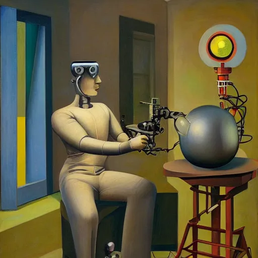 Prompt: mad scientist building a cyborg robot with a human brain, grant wood, pj crook, edward hopper, oil on canvas