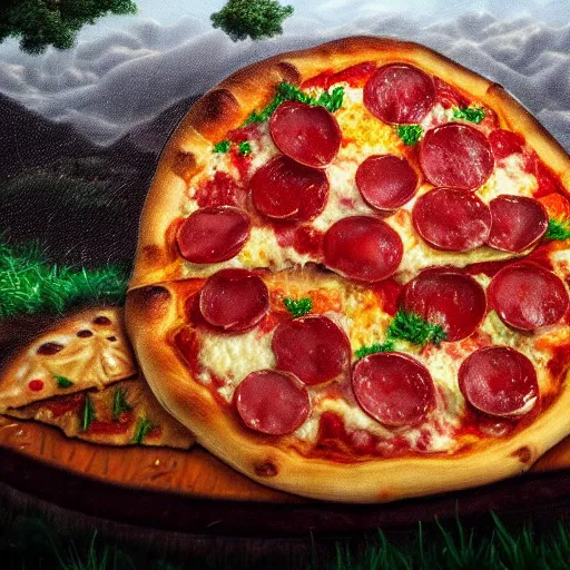 Image similar to highly detailed, high resolution, hyper realistic, 8 k, trending on artstation, landscape nature painting, trees made out of pizza, ground is made of cheese and pepperoni, waterfall made of marinara sauce