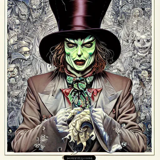 Prompt: portrait of the mad hatter, symmetrical, by yoichi hatakenaka, masamune shirow, josan gonzales and dan mumford, ayami kojima, takato yamamoto, barclay shaw, karol bak, yukito kishiro