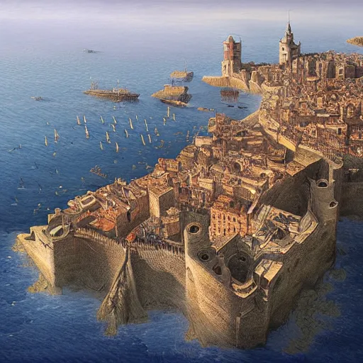 Prompt: Digital art of a large medieval coastal capital, bird's eye view Marc Simonetti Peter Zumthor