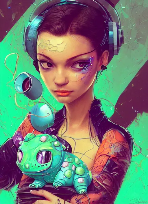 Image similar to beautiful portrait of lofi cyberpunk bulbasaur, by Tristan Eaton, Stanley Artgermm, Tom Bagshaw, Greg Rutkowski, Carne Griffiths, trending on DeviantArt, face enhance, hyper detailed. trending on Artstation, 8k, masterpiece, graffiti paint, fine detail, full of color, intricate detail, golden ratio illustration