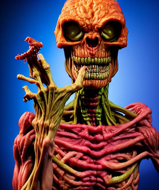 Image similar to hyperrealistic rendering, cronenberg flesh monster skeletor by art of skinner and richard corben and jeff easley, product photography, action figure, sofubi, studio lighting, colored gels