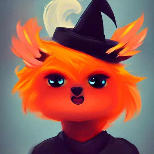 Image similar to cute fiery bird wearing a witch\'s hat. kawaii, adorable, digital art, trending on artstation, fiery bird, anime art by Aokamei and Ross Tran