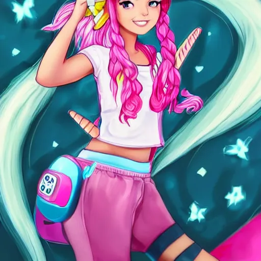 Image similar to very very very beautiful pink gamer girl wearing headphones with a unicorn horn coming out of her head standing in a pink girls room, full body portrait, eye contact, smiling, perfect face, perfect body, extreme long shot, drawn by artgerm