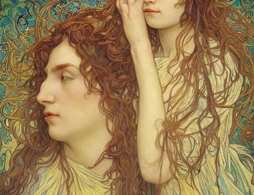 Image similar to detailed realistic beautiful young medieval queen face portrait by jean delville, alphonse mucha, vincent van gogh, and marco mazzoni, art nouveau, symbolist, visionary, gothic, pre - raphaelite