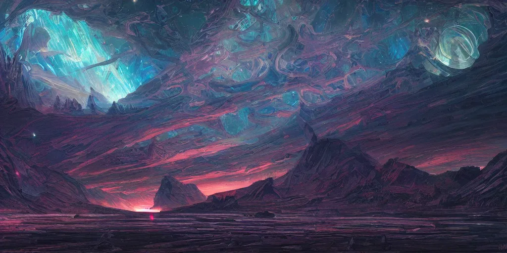 Image similar to Sci-Fi dark high contrast nighttime colorful wallpaper of a beautiful landscape by Donato Giancola , digital art, trending on artstation, 4k, high detail, no noise, low light