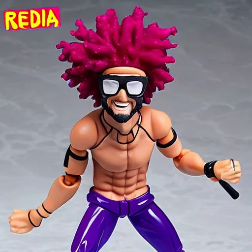 Image similar to Redfoo as a Figma anime figurine. Posable PVC action figurine. Detailed artbreeder face. Full body 12-inch Figma anime statue.