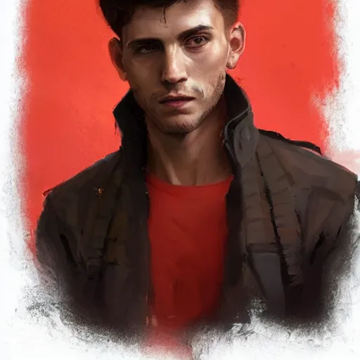 Prompt: Portrait of a man by Greg Rutkowski, he is about 20 years old, copper short hair, his features are a mix between Scottish and Arabian, strong and tall, older brother vibes, he is wearing utilitarian red and black jumpsuit, highly detailed portrait, digital painting, artstation, concept art, smooth, sharp foccus ilustration, Artstation HQ.