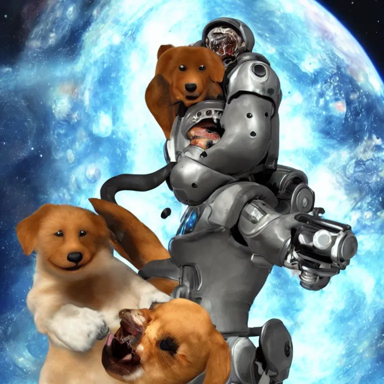 Image similar to t 8 0 0 terminator eating sandwich, hugging a cute puppy while surfing on a saxophone over rings of saturn in space, team fortress 2 sцcreenshot