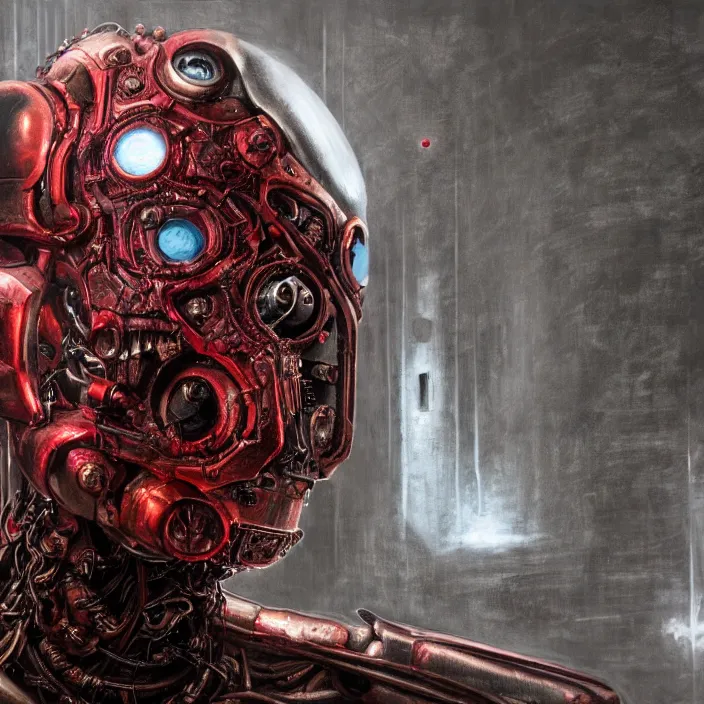 Image similar to h. r. giger esque portrait of an evil ruby ultron from age of ultron, clockwork steampunk, mangled, battle - damage, head and chest only, by beksinski, 4 k, deviantart, trending on artstation