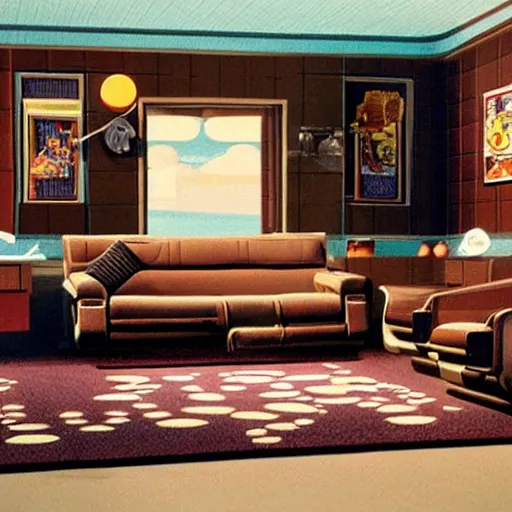 Prompt: a living room with futuristic furniture, from a Lucasarts graphic adventure game made in 1995