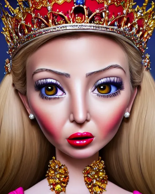 Prompt: closeup profile portrait of a tin toy ivanka trump as a fairytale princess wearing a crown and eating cakes, bikini, hyper realistic, artstation, illustration, nicoletta ceccoli, mark ryden, lostfish, max fleischer, digital paint, matte paint, vivid colors, bright, cheerful, detailed and intricate environment