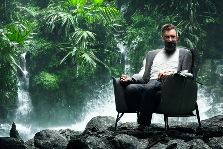 Image similar to movie closeup young man with a grey beard in a cyberpunk suit sitting on a futuristic chair at the edge of a jungle waterfall by emmanuel lubezki