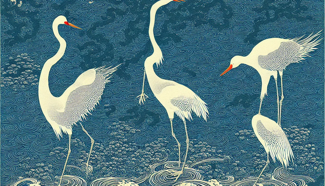 Prompt: japanese crane by woodblock print, nicolas delort, moebius, victo ngai, josan gonzalez, kilian eng