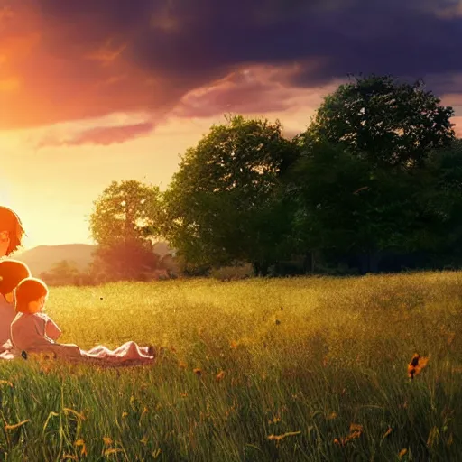 Prompt: A mother with her two children in a meadow, with a beautiful sunset in the background, mother and child, heartwarming, natural lighting, soft lighting, 4K, by Hayao Miyazaki, Studio Ghibli