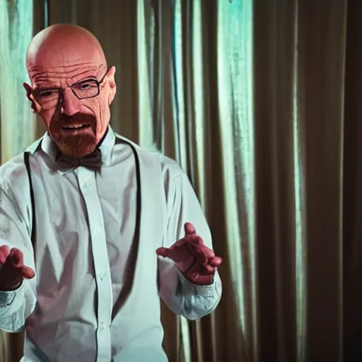 Image similar to Walter White dancing with a creepy grin, award-winning photography 4k