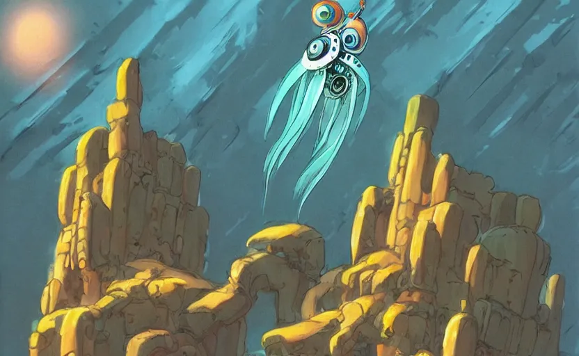 Image similar to a realistic cell - shaded studio ghibli concept art from paprika ( 2 0 0 6 ) of a flying intelligent multi - colored mechanical octopus from close encounters of the third kind ( 1 9 7 7 ) in a flooded monument valley. very dull colors, wide shot, hd, 4 k, hq