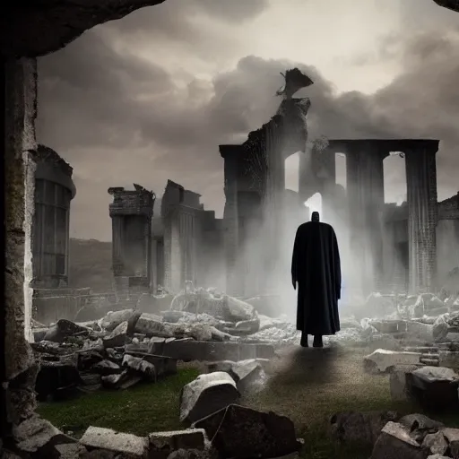 Prompt: Voldemort standing in front of the ruins of an apartment, cinematic photography, HD, eerie