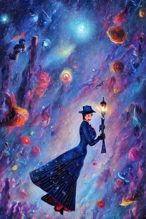 Image similar to beautiful oil painting with high detail of Marry Poppins made of stars and plasma; seemlessly blending wirh the cosmos, art direction by James Cameron ;by artgerm; wayne reynolds art station; cinematic quality character render; low angle; ultra high quality model; production quality cinema model; marry Poppins escher punk