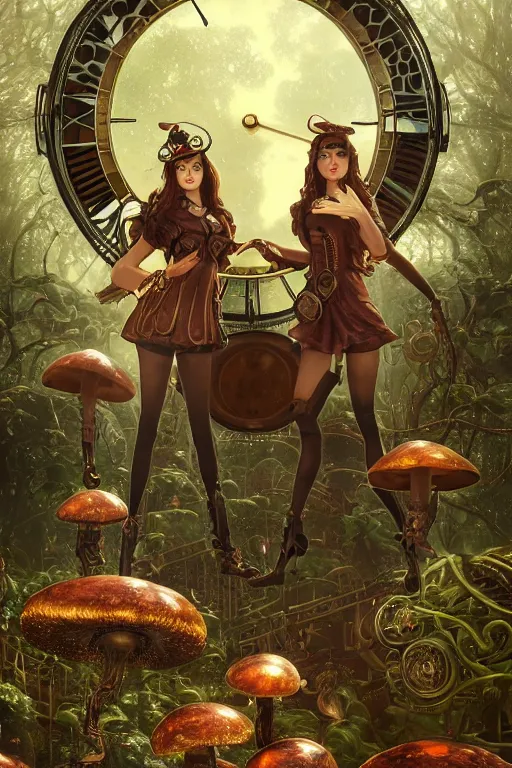 Prompt: beautiful moody portrait of two sexy steampunk schoolgirls wearing an armour of jewels and giant golden beetles behind giant mushrooms and vegetation in a forest , huge mechanical clocks, intricate details, realistic shaded , steampunk, highly detailed, artstation, pretty pretty face, illustration by Greg Rutkowski and Ruan Jia and bouguereau, octane render, dynamic light, volumetric light, neon lights, cinematic mood