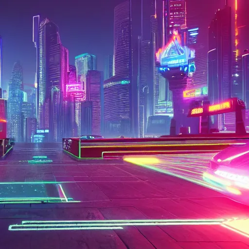 Image similar to Neon cyberpunk cityscape including CN tower of Toronto Canada with flying cars and advertisement screens, Blender 3D, Unreal Engine, 8k, by Jordan Grimmer and Andrea Pozzo